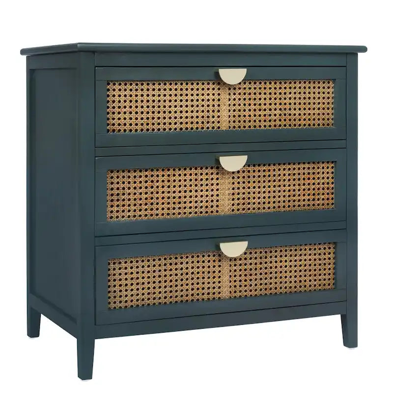 Commode à 3 tiroirs en bois massif vert/gris avec placage, panneaux en rotin naturel sculptés et poignées métalliques semi-circulaires