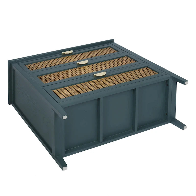 Commode à 3 tiroirs en bois massif vert/gris avec placage, panneaux en rotin naturel sculptés et poignées métalliques semi-circulaires