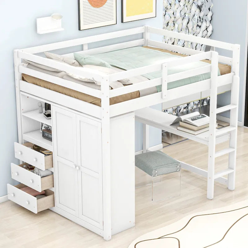 Lit mezzanine pleine grandeur en pin et MDF blanc/gris avec armoire, bureau, étagère à 2 niveaux et 3 tiroirs, 1 place
