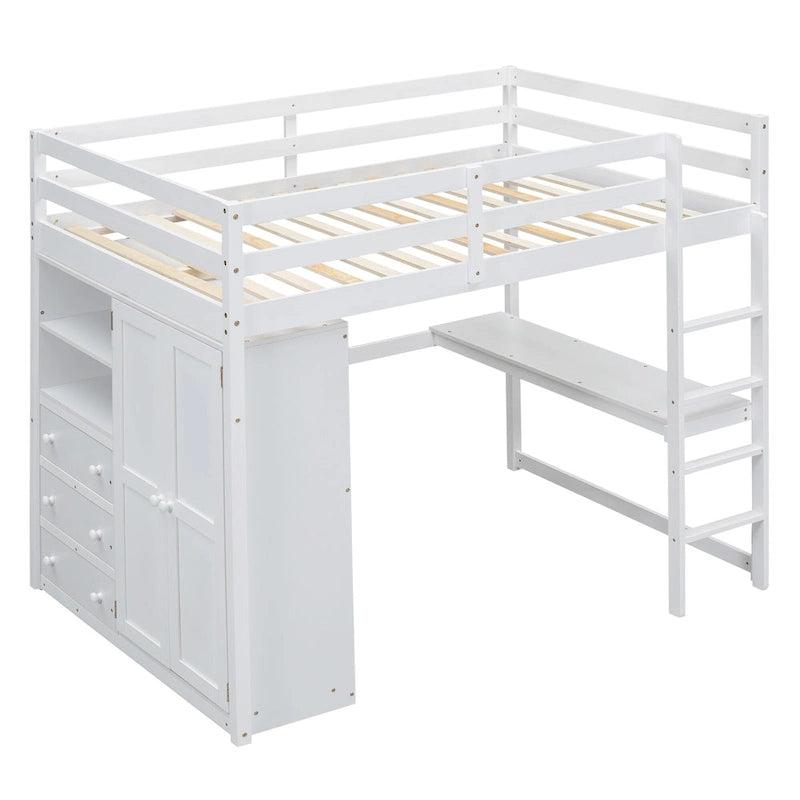 Lit mezzanine pleine grandeur en pin et MDF blanc/gris avec armoire, bureau, étagère à 2 niveaux et 3 tiroirs, 1 place