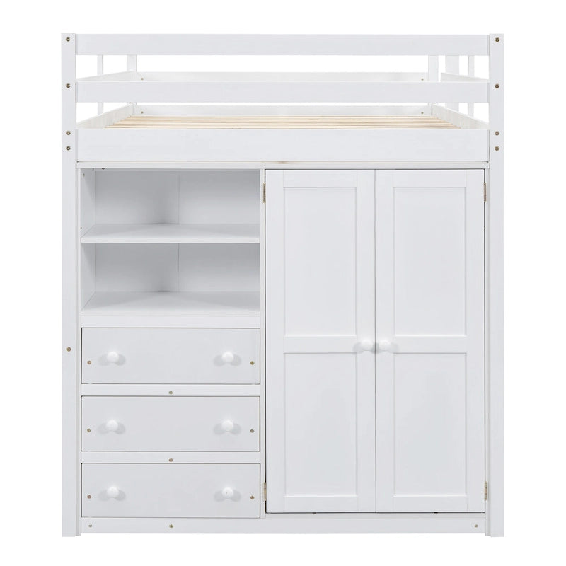 Lit mezzanine pleine grandeur en pin et MDF blanc/gris avec armoire, bureau, étagère à 2 niveaux et 3 tiroirs, 1 place