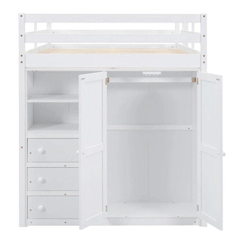 Lit mezzanine pleine grandeur en pin et MDF blanc/gris avec armoire, bureau, étagère à 2 niveaux et 3 tiroirs, 1 place