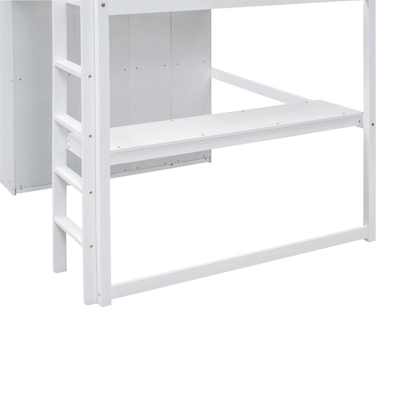 Lit mezzanine pleine grandeur en pin et MDF blanc/gris avec armoire, bureau, étagère à 2 niveaux et 3 tiroirs, 1 place