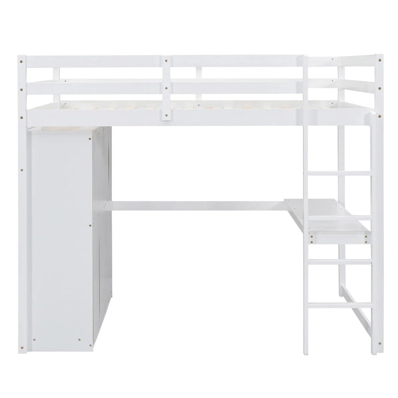 Lit mezzanine pleine grandeur en pin et MDF blanc/gris avec armoire, bureau, étagère à 2 niveaux et 3 tiroirs, 1 place