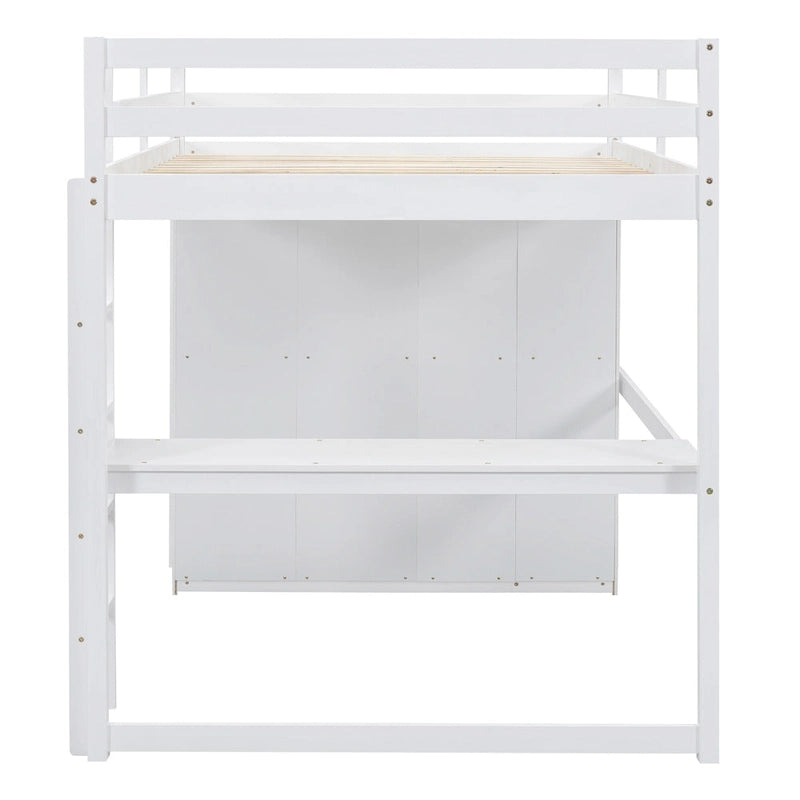 Lit mezzanine pleine grandeur en pin et MDF blanc/gris avec armoire, bureau, étagère à 2 niveaux et 3 tiroirs, 1 place