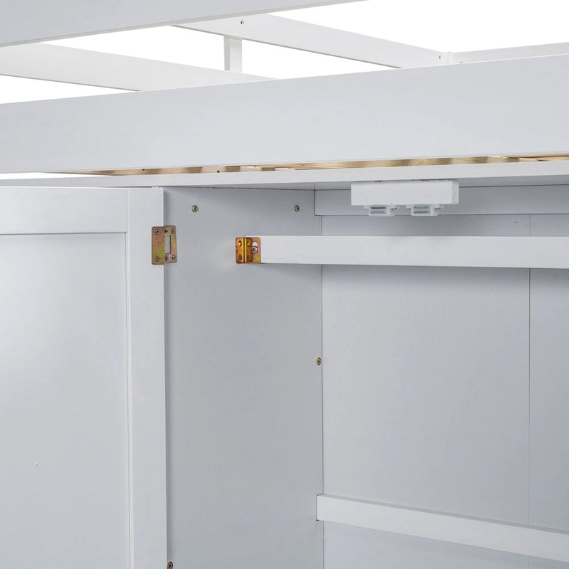 Lit mezzanine pleine grandeur en pin et MDF blanc/gris avec armoire, bureau, étagère à 2 niveaux et 3 tiroirs, 1 place