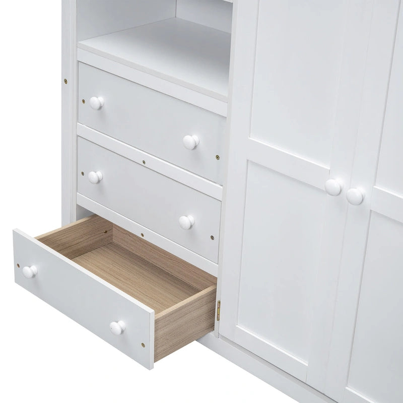 Lit mezzanine pleine grandeur en pin et MDF blanc/gris avec armoire, bureau, étagère à 2 niveaux et 3 tiroirs, 1 place