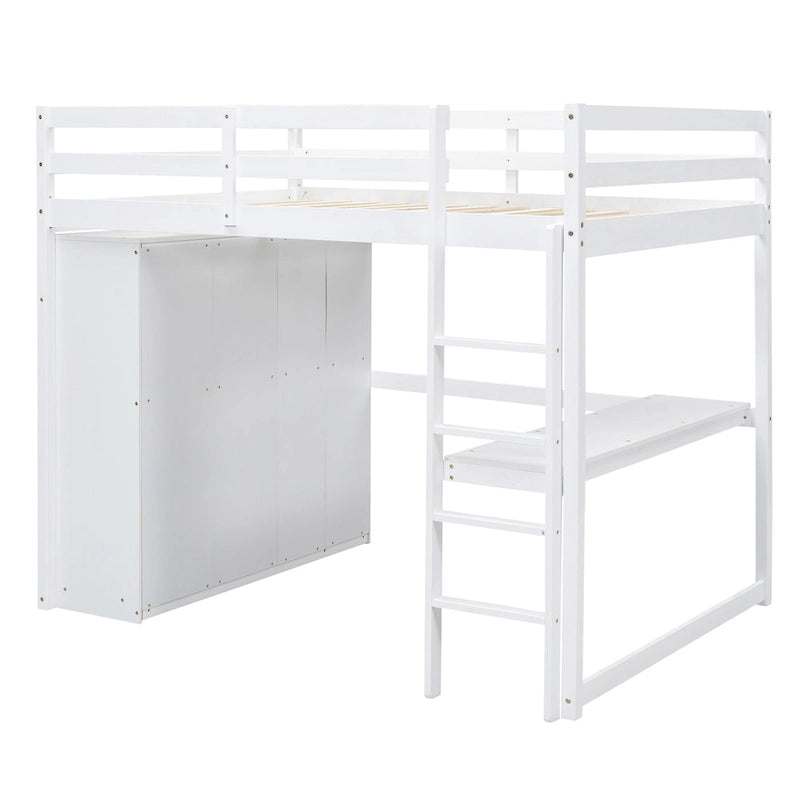 Lit mezzanine pleine grandeur en pin et MDF blanc/gris avec armoire, bureau, étagère à 2 niveaux et 3 tiroirs, 1 place