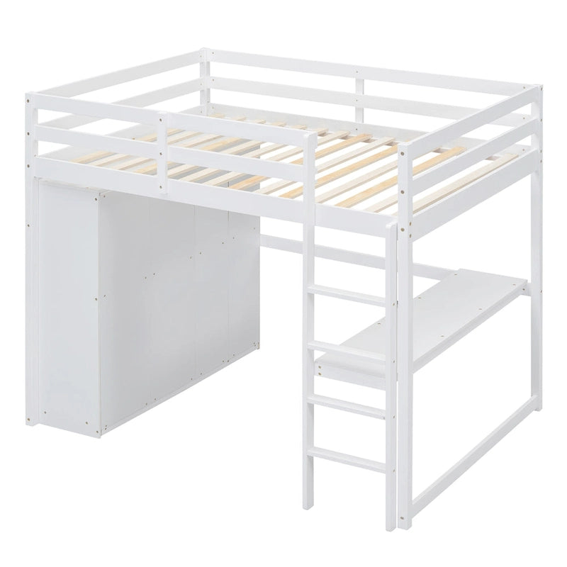 Lit mezzanine pleine grandeur en pin et MDF blanc/gris avec armoire, bureau, étagère à 2 niveaux et 3 tiroirs, 1 place