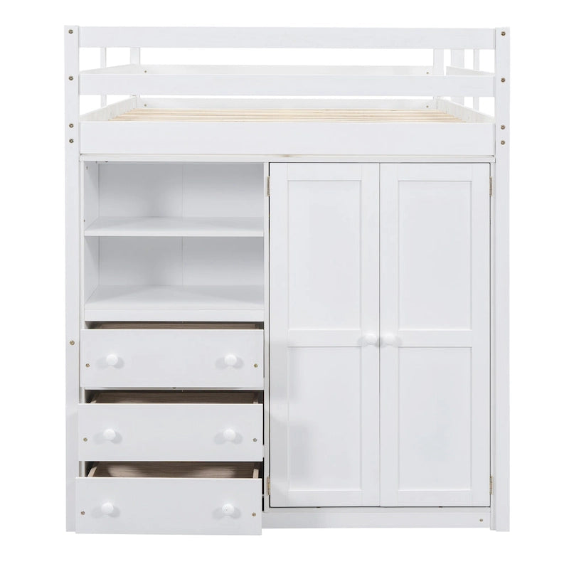 Lit mezzanine pleine grandeur en pin et MDF blanc/gris avec armoire, bureau, étagère à 2 niveaux et 3 tiroirs, 1 place