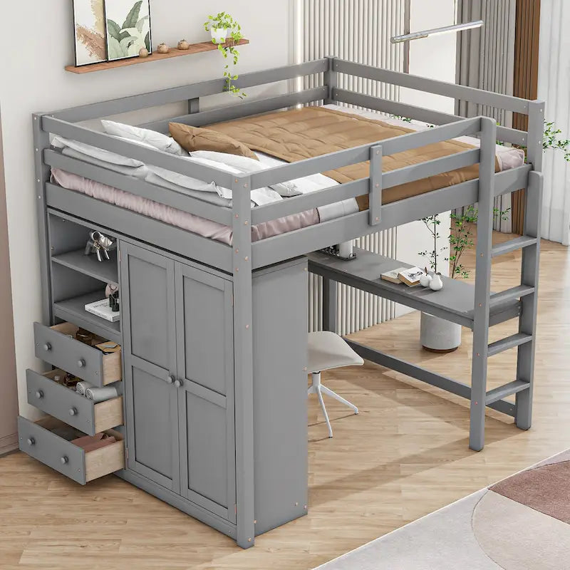 Lit mezzanine pleine grandeur en pin et MDF blanc/gris avec armoire, bureau, étagère à 2 niveaux et 3 tiroirs, 1 place