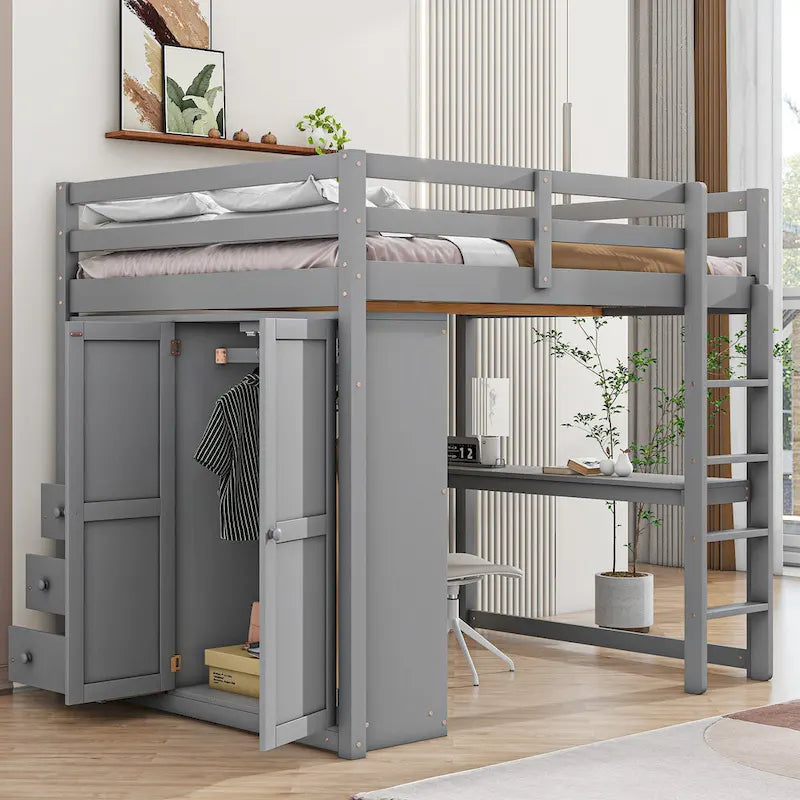 Lit mezzanine pleine grandeur en pin et MDF blanc/gris avec armoire, bureau, étagère à 2 niveaux et 3 tiroirs, 1 place