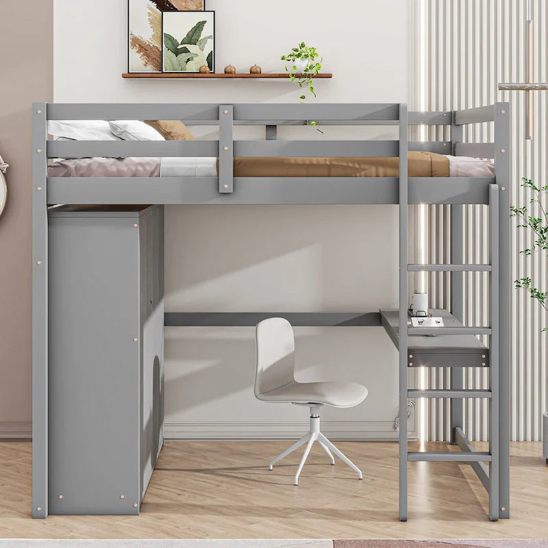 Lit mezzanine pleine grandeur en pin et MDF blanc/gris avec armoire, bureau, étagère à 2 niveaux et 3 tiroirs, 1 place