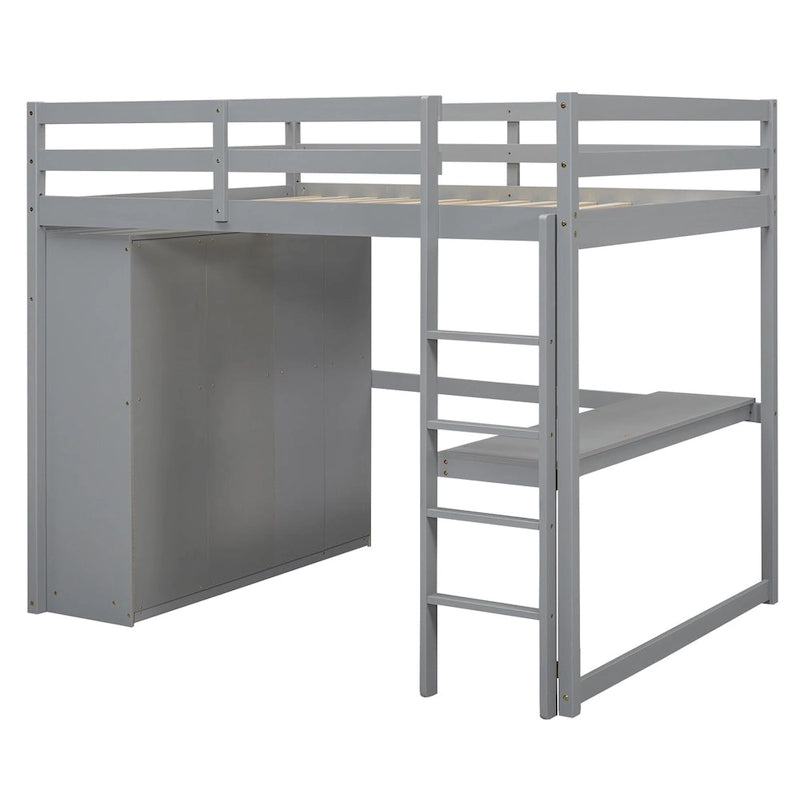 Lit mezzanine pleine grandeur en pin et MDF blanc/gris avec armoire, bureau, étagère à 2 niveaux et 3 tiroirs, 1 place