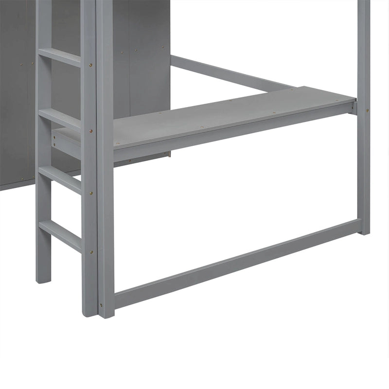 Lit mezzanine pleine grandeur en pin et MDF blanc/gris avec armoire, bureau, étagère à 2 niveaux et 3 tiroirs, 1 place