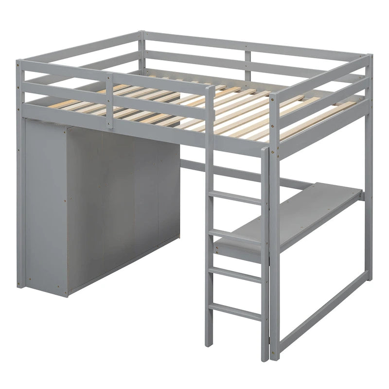 Lit mezzanine pleine grandeur en pin et MDF blanc/gris avec armoire, bureau, étagère à 2 niveaux et 3 tiroirs, 1 place