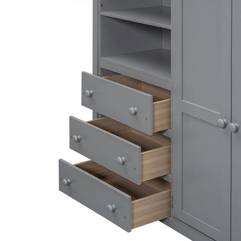 Lit mezzanine pleine grandeur en pin et MDF blanc/gris avec armoire, bureau, étagère à 2 niveaux et 3 tiroirs, 1 place