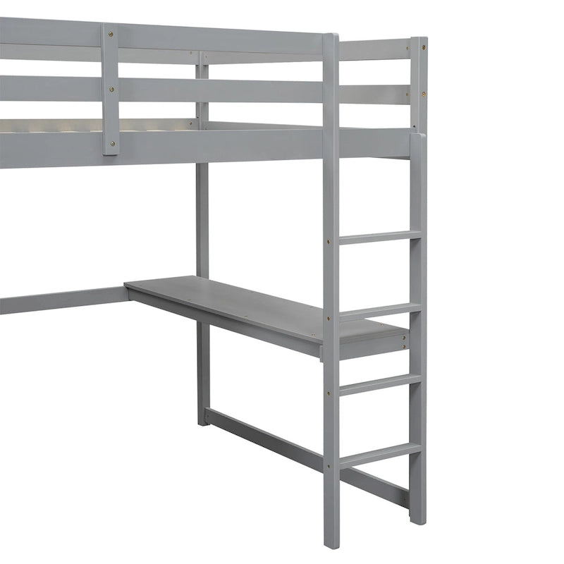 Lit mezzanine pleine grandeur en pin et MDF blanc/gris avec armoire, bureau, étagère à 2 niveaux et 3 tiroirs, 1 place