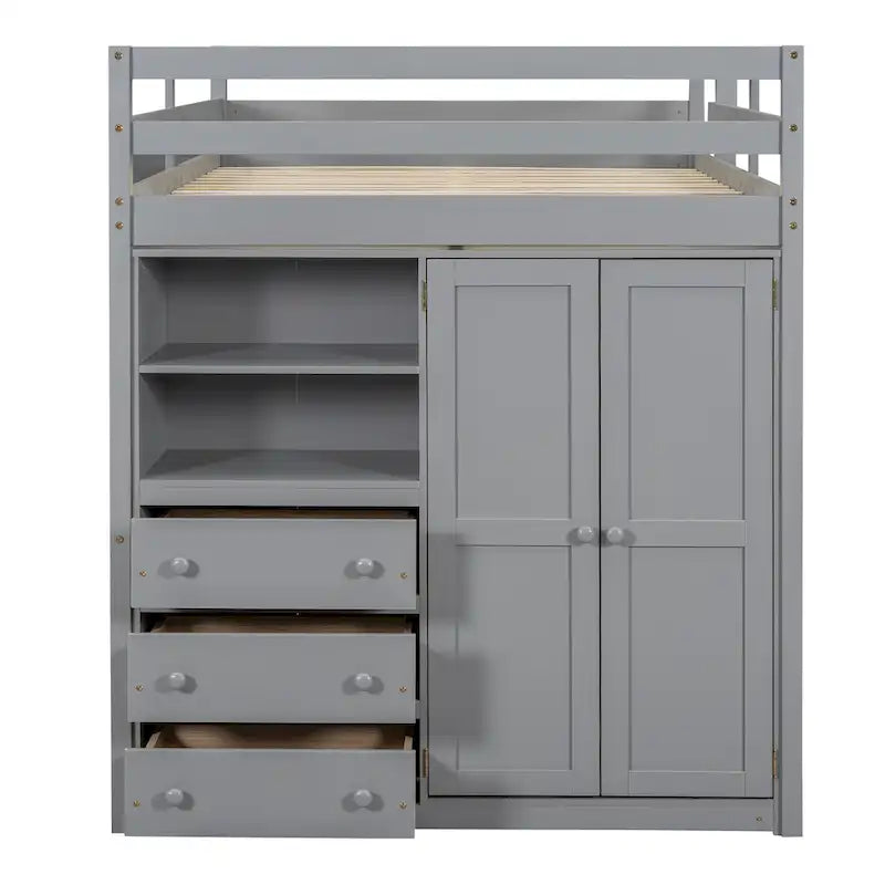 Lit mezzanine pleine grandeur en pin et MDF blanc/gris avec armoire, bureau, étagère à 2 niveaux et 3 tiroirs, 1 place