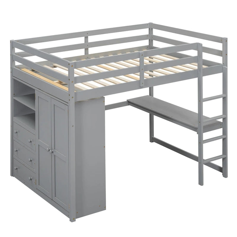 Lit mezzanine pleine grandeur en pin et MDF blanc/gris avec armoire, bureau, étagère à 2 niveaux et 3 tiroirs, 1 place