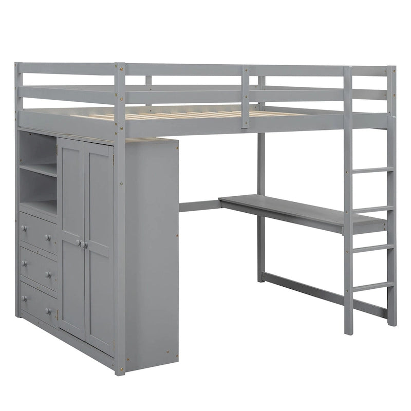 Lit mezzanine pleine grandeur en pin et MDF blanc/gris avec armoire, bureau, étagère à 2 niveaux et 3 tiroirs, 1 place