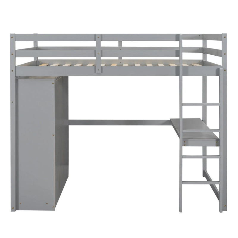 Lit mezzanine pleine grandeur en pin et MDF blanc/gris avec armoire, bureau, étagère à 2 niveaux et 3 tiroirs, 1 place