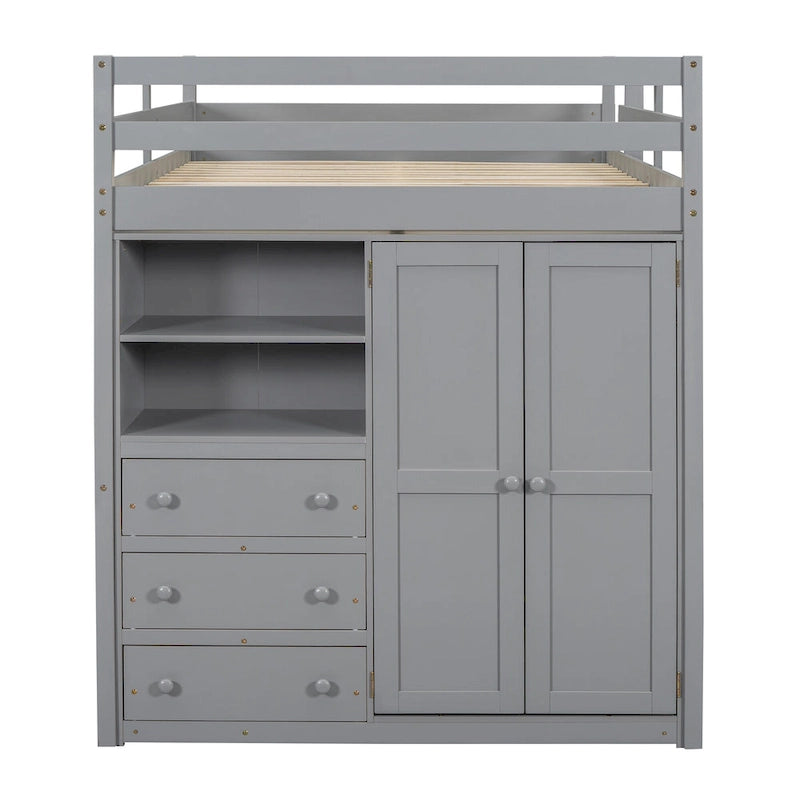 Lit mezzanine pleine grandeur en pin et MDF blanc/gris avec armoire, bureau, étagère à 2 niveaux et 3 tiroirs, 1 place