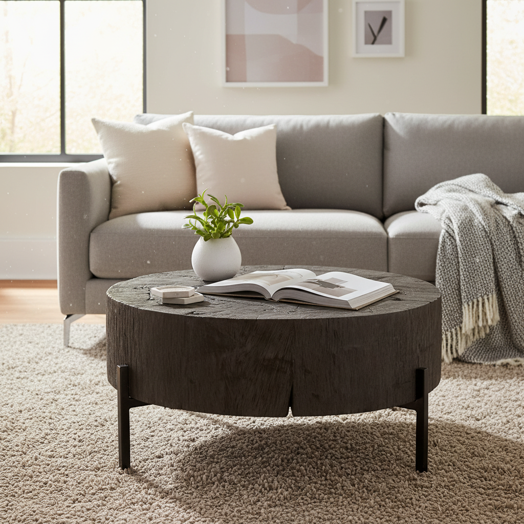 Table basse ronde en teck rustique noir avec structure en métal de fer vieilli