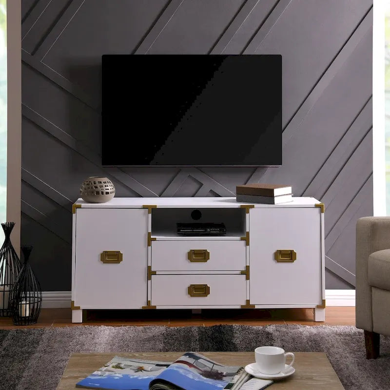 Meuble TV blanc/bleu marine/bleu nuit avec ferrures en laiton, 2 tiroirs et 2 placards latéraux, convient aux téléviseurs jusqu'à 50 pouces