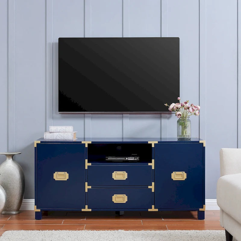 Meuble TV blanc/bleu marine/bleu nuit avec ferrures en laiton, 2 tiroirs et 2 placards latéraux, convient aux téléviseurs jusqu'à 50 pouces