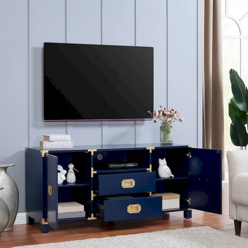 Meuble TV blanc/bleu marine/bleu nuit avec ferrures en laiton, 2 tiroirs et 2 placards latéraux, convient aux téléviseurs jusqu'à 50 pouces