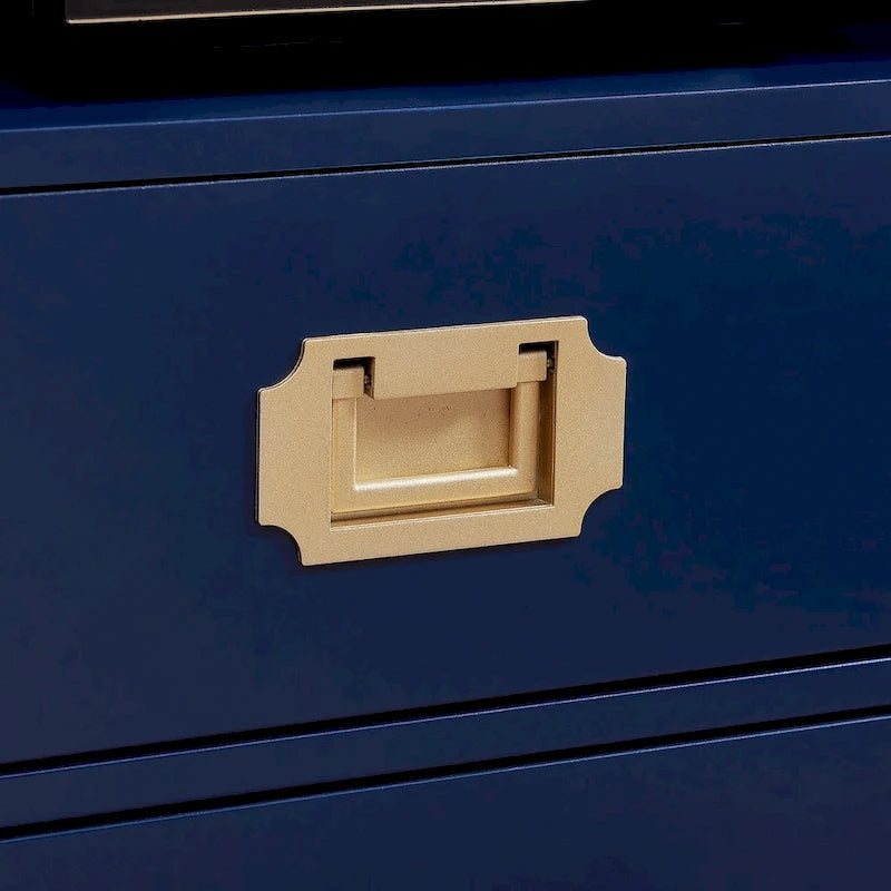 Meuble TV blanc/bleu marine/bleu nuit avec ferrures en laiton, 2 tiroirs et 2 placards latéraux, convient aux téléviseurs jusqu'à 50 pouces