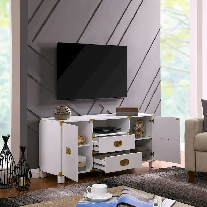 Meuble TV blanc/bleu marine/bleu nuit avec ferrures en laiton, 2 tiroirs et 2 placards latéraux, convient aux téléviseurs jusqu'à 50 pouces