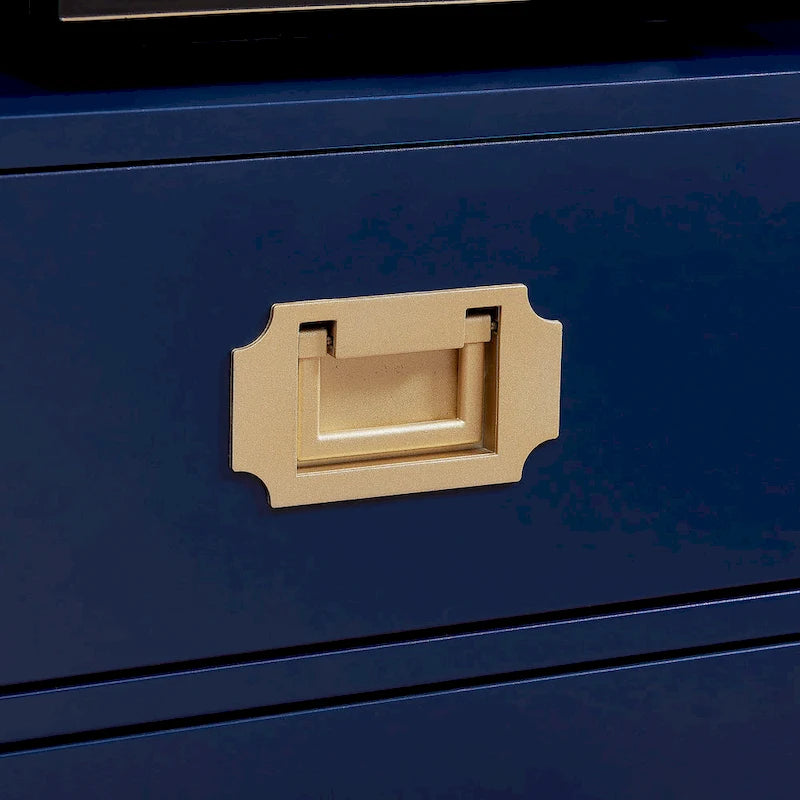 Meuble TV blanc/bleu marine/bleu nuit avec ferrures en laiton, 2 tiroirs et 2 placards latéraux, convient aux téléviseurs jusqu'à 50 pouces