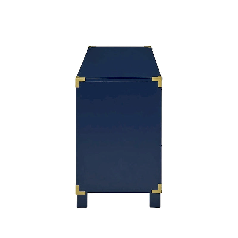 Meuble TV blanc/bleu marine/bleu nuit avec ferrures en laiton, 2 tiroirs et 2 placards latéraux, convient aux téléviseurs jusqu'à 50 pouces