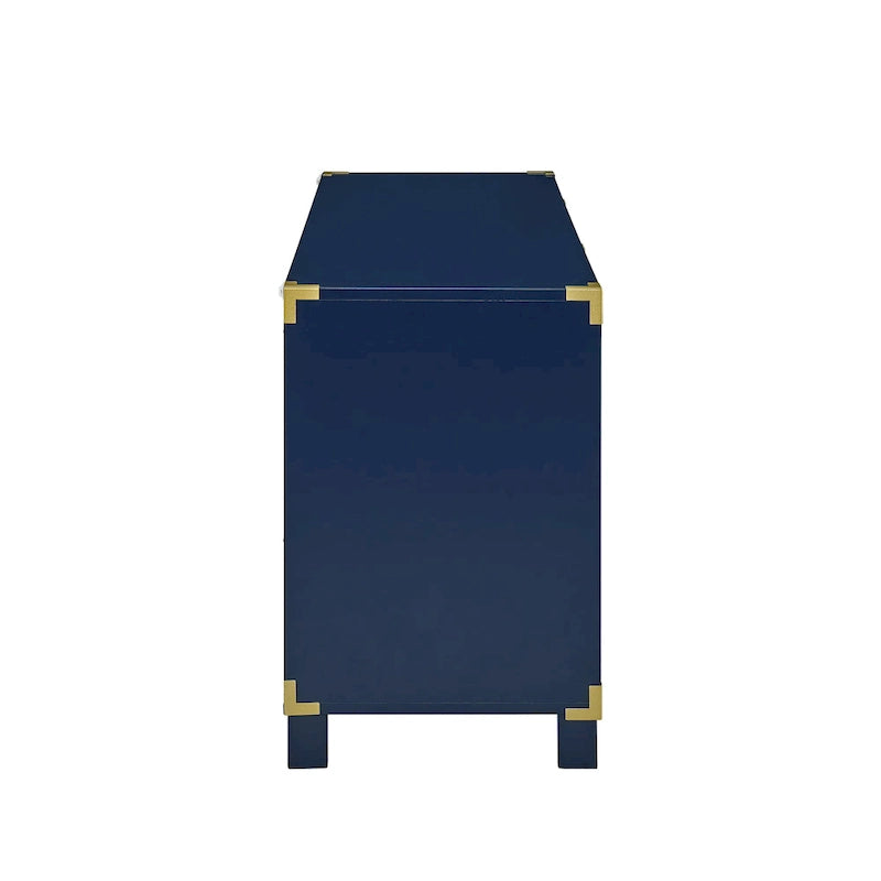 Meuble TV blanc/bleu marine/bleu nuit avec ferrures en laiton, 2 tiroirs et 2 placards latéraux, convient aux téléviseurs jusqu'à 50 pouces