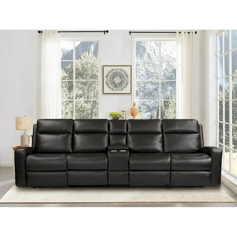 Canapé inclinable électrique 4 places en cuir pleine fleur, coloris charbon/bleu, avec console centrale, port USB et appuie-tête réglables