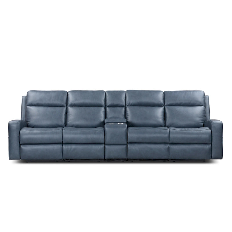 Canapé inclinable électrique 4 places en cuir pleine fleur, coloris charbon/bleu, avec console centrale, port USB et appuie-tête réglables