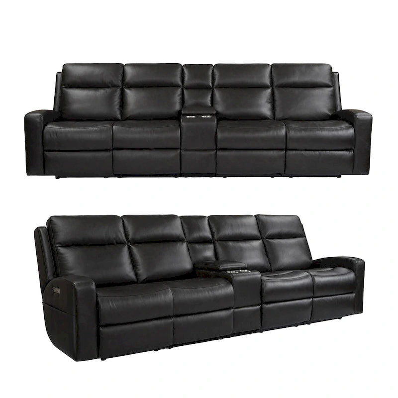 Canapé inclinable électrique 4 places en cuir pleine fleur, coloris charbon/bleu, avec console centrale, port USB et appuie-tête réglables