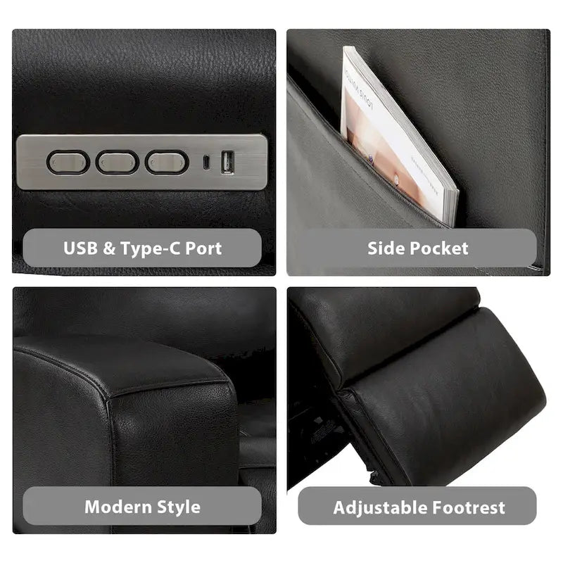 Canapé inclinable électrique 4 places en cuir pleine fleur, coloris charbon/bleu, avec console centrale, port USB et appuie-tête réglables