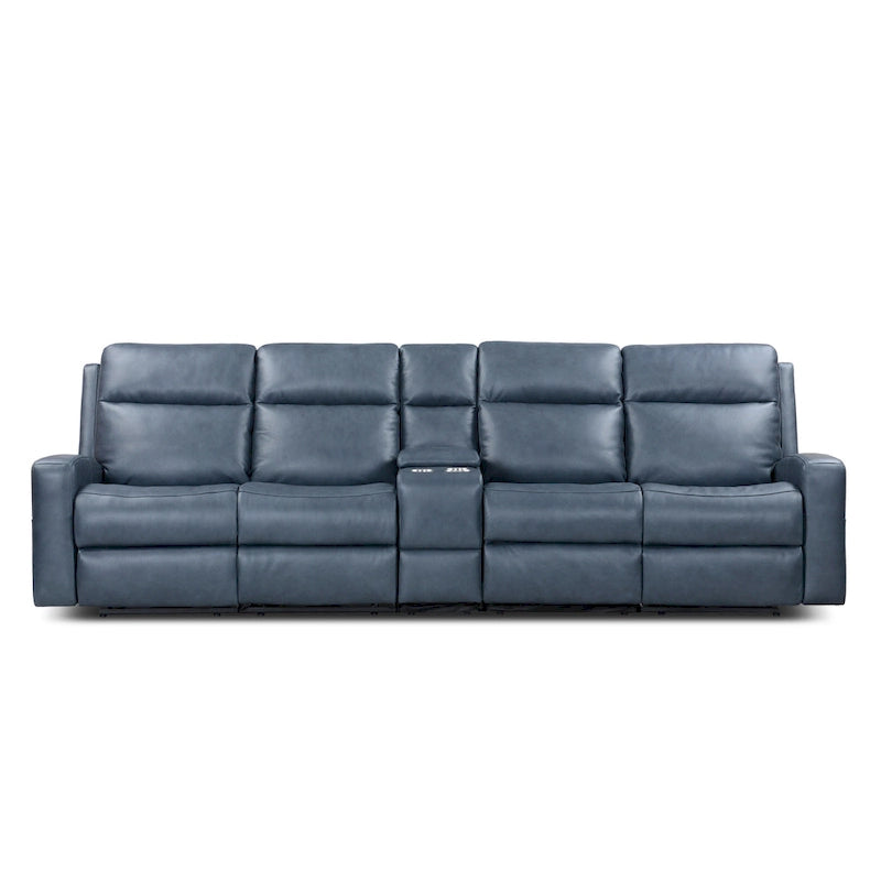 Canapé inclinable électrique 4 places en cuir pleine fleur, coloris charbon/bleu, avec console centrale, port USB et appuie-tête réglables