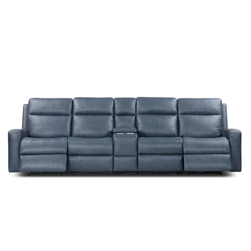 Canapé inclinable électrique 4 places en cuir pleine fleur, coloris charbon/bleu, avec console centrale, port USB et appuie-tête réglables