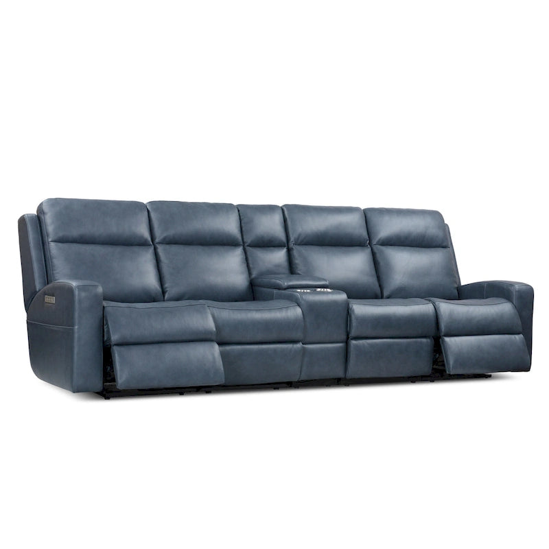 Canapé inclinable électrique 4 places en cuir pleine fleur, coloris charbon/bleu, avec console centrale, port USB et appuie-tête réglables
