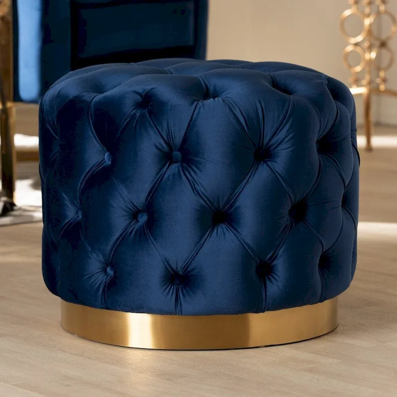 Pouffe ottoman en velours capitonné gris / beige / bleu / rose / rouge avec base en acier doré brossé