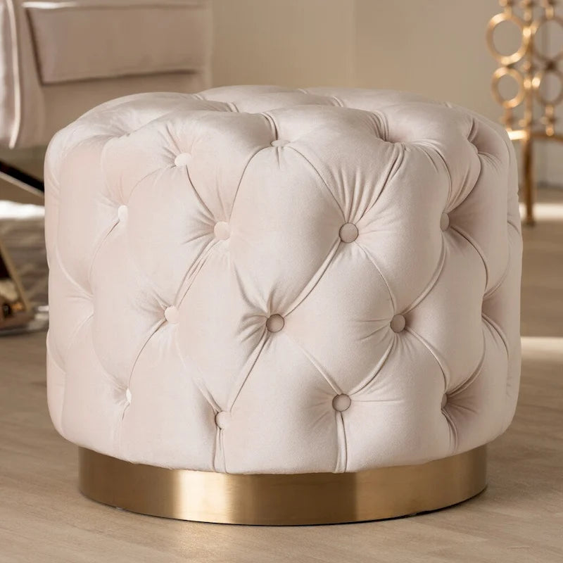 Pouffe ottoman en velours capitonné gris / beige / bleu / rose / rouge avec base en acier doré brossé