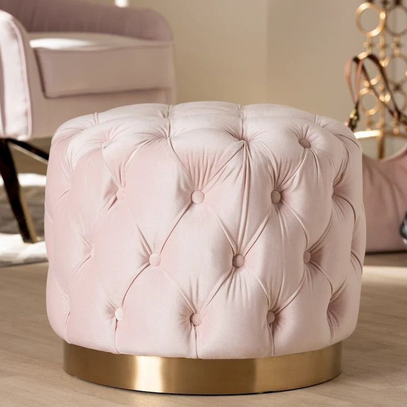 Pouffe ottoman en velours capitonné gris / beige / bleu / rose / rouge avec base en acier doré brossé