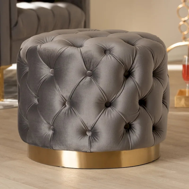 Pouffe ottoman en velours capitonné gris / beige / bleu / rose / rouge avec base en acier doré brossé