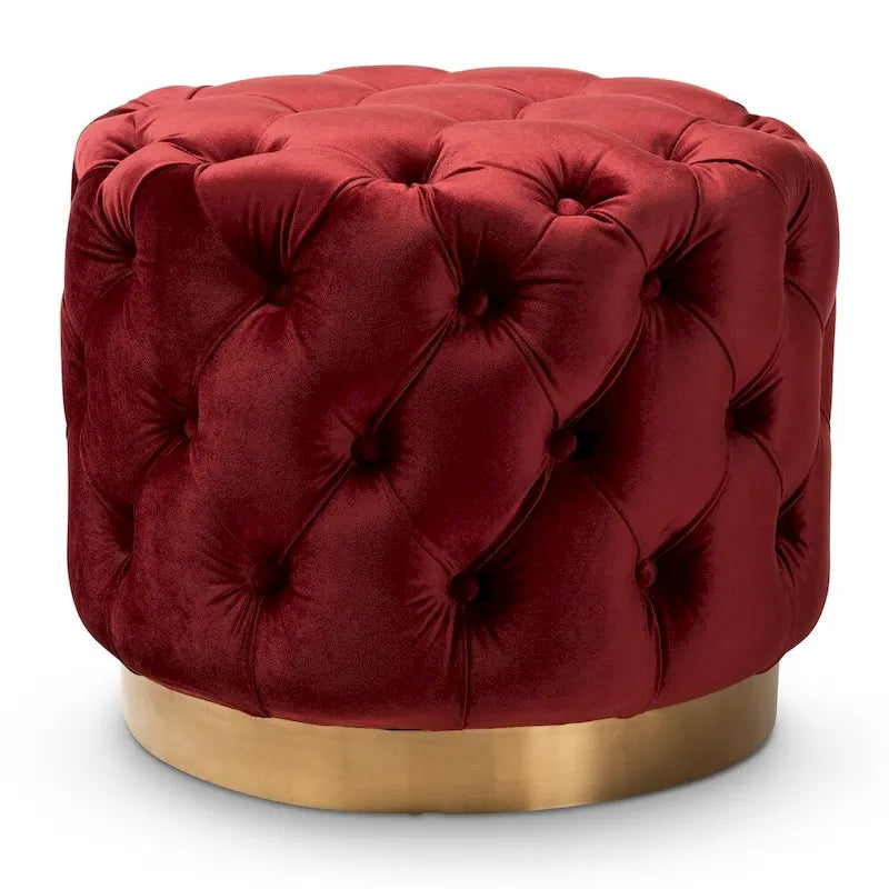 Pouffe ottoman en velours capitonné gris / beige / bleu / rose / rouge avec base en acier doré brossé