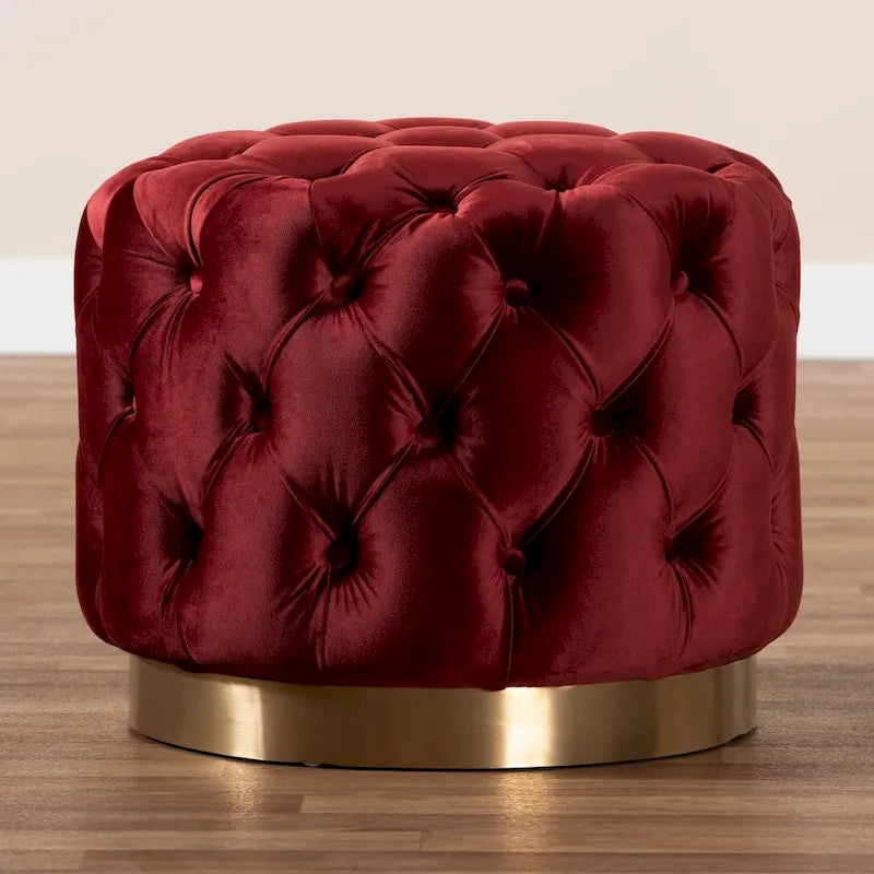 Pouffe ottoman en velours capitonné gris / beige / bleu / rose / rouge avec base en acier doré brossé