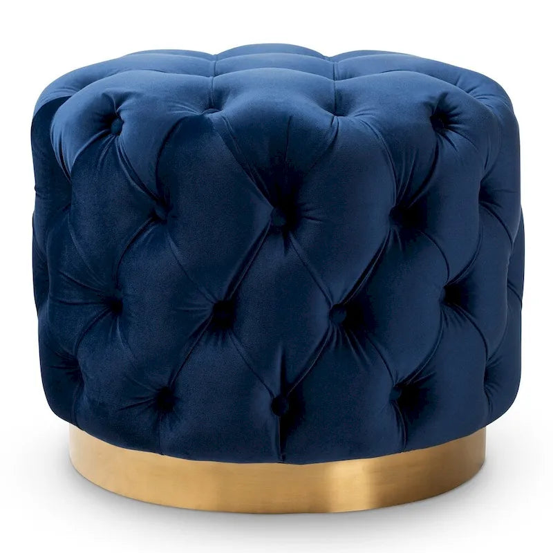 Pouffe ottoman en velours capitonné gris / beige / bleu / rose / rouge avec base en acier doré brossé